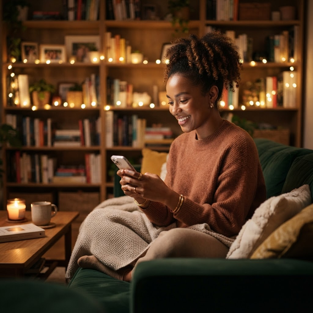 Umukobwa yicaye ku kanapa akoresha smartphone ye